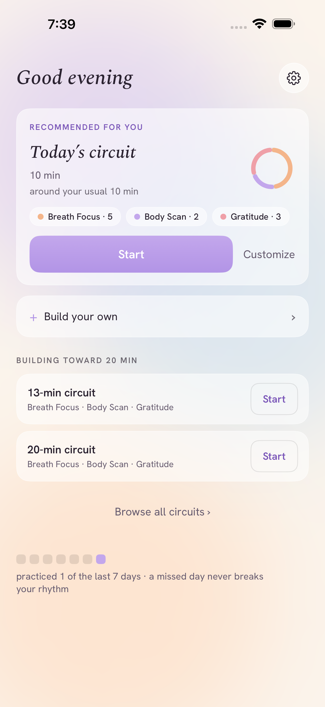 Circuit home screen with today's recommended circuit